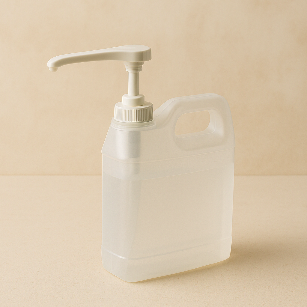 White plastic container with pump on a beige background